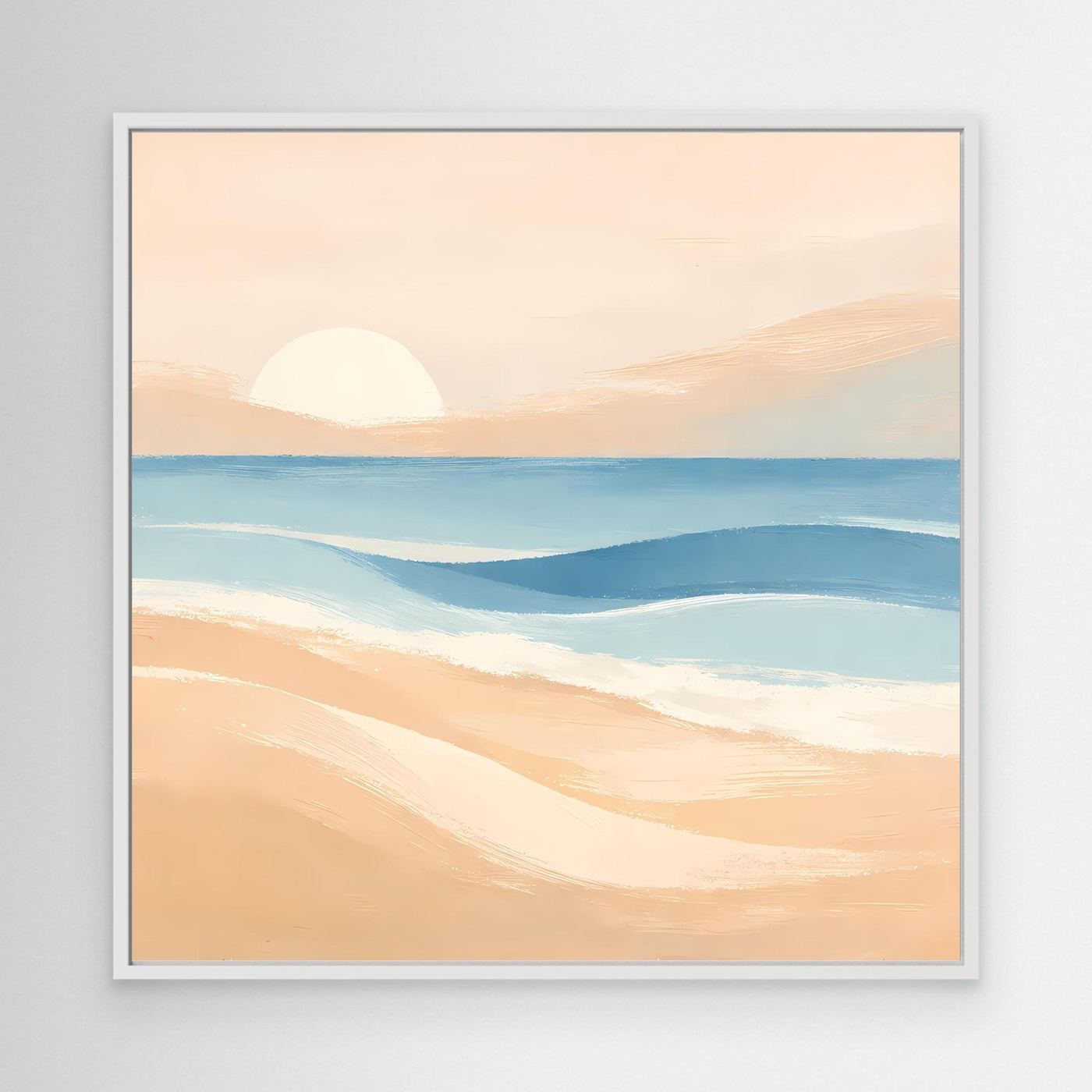 Abstraktes Leinwandbild mit Strand und Sonnenuntergang mit weißem Rahmen