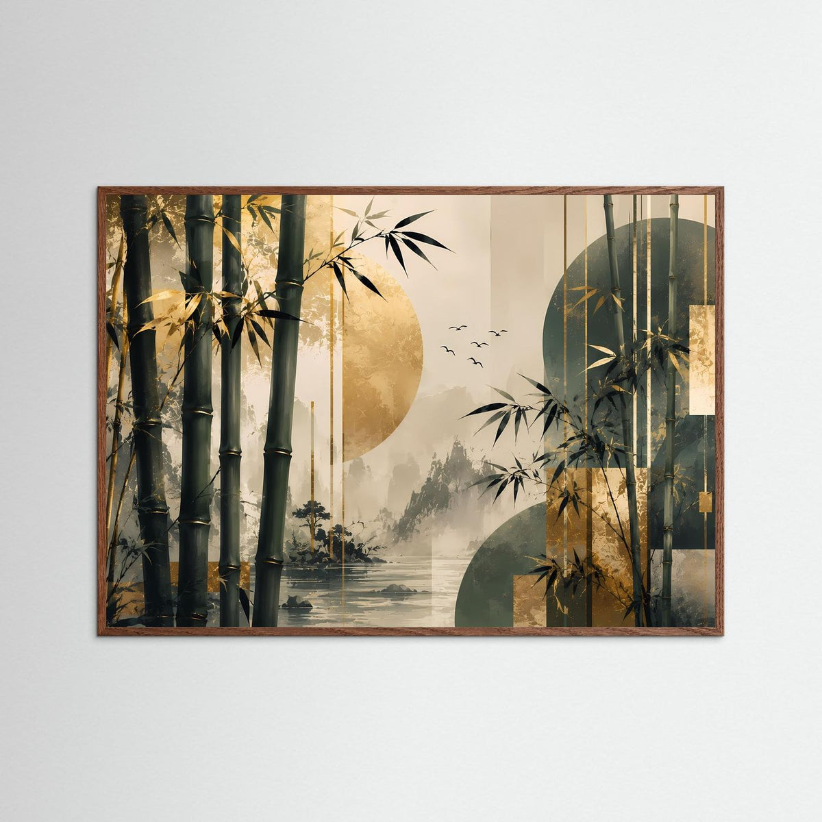 Poster im Querformat mit abstrakter Bambuslandschaft, in dunklem Eichenrahmen