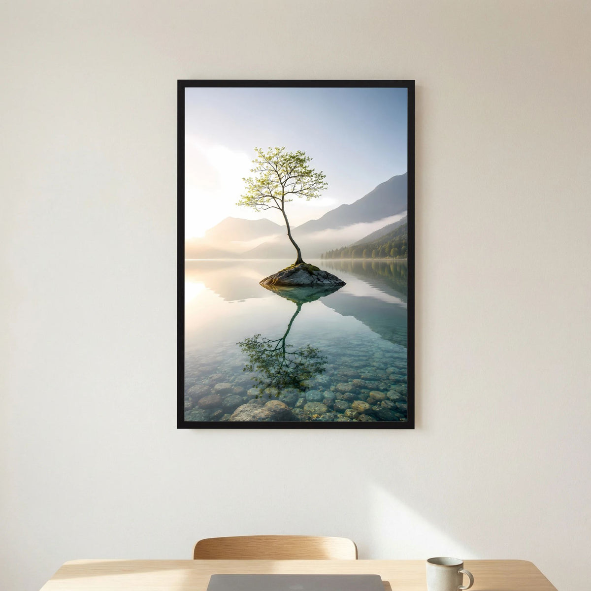 Baum auf Felsen im Bergsee | Minimalistische Natur & Spiegelung | Poster Hochformat