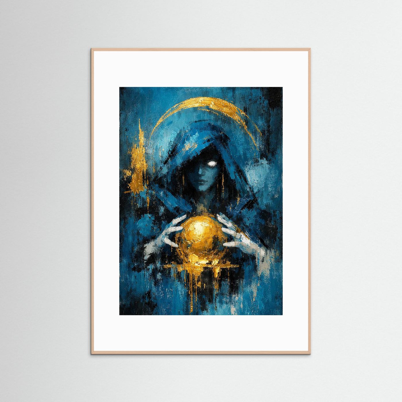 Hochformatiges Fantasy-Poster mit blauer Frau, goldener Kugel und weißem Rahmen