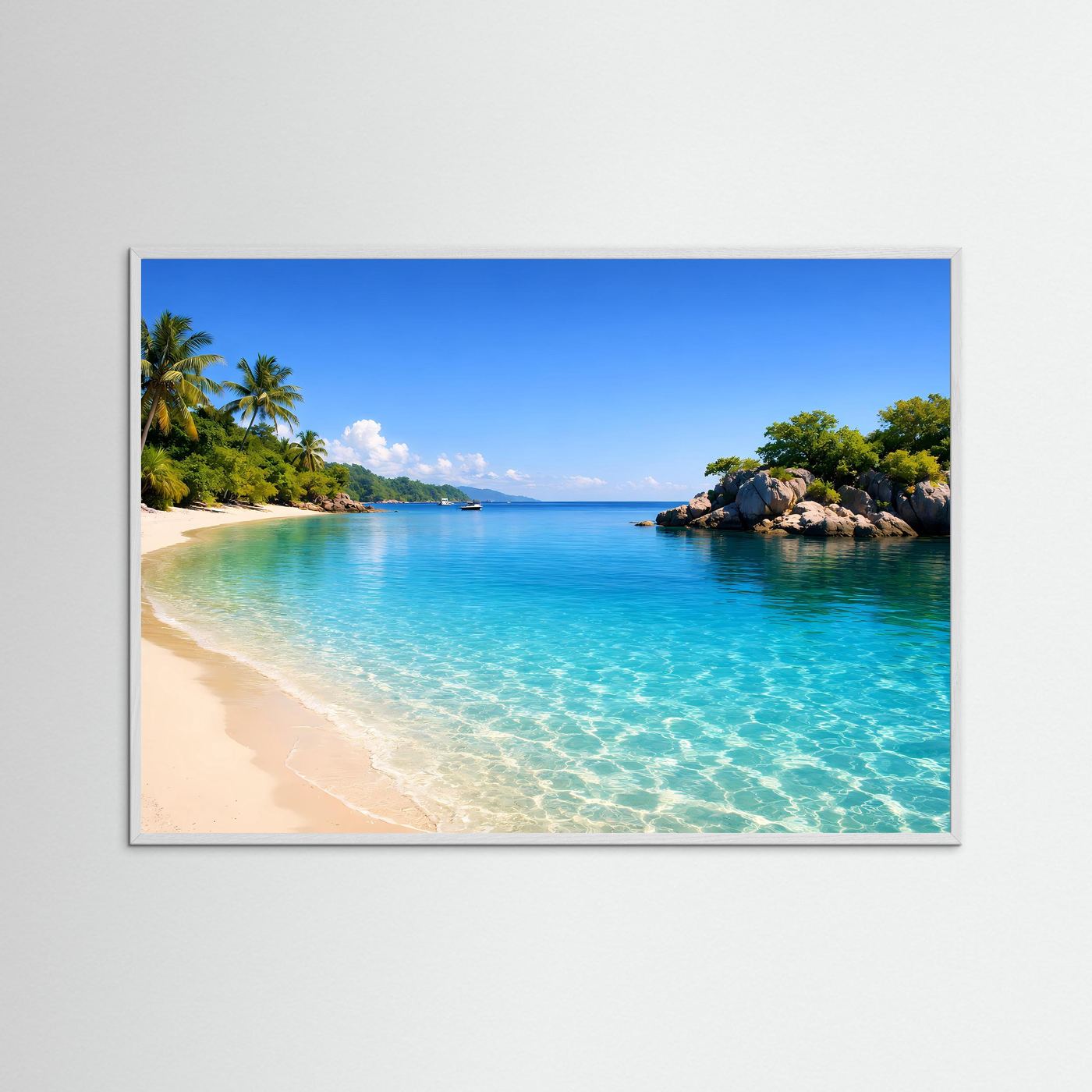 Querformat Poster im goldbraunen Rahmen: Strandbucht, türkisblaues Meer und Felsen