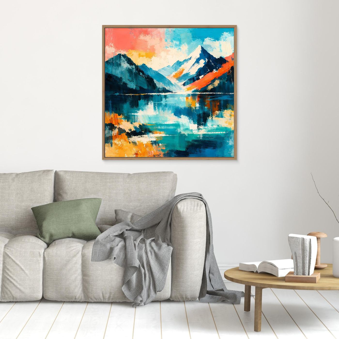 Kleines gerahmtes Leinwand-Wandbild mit abstrakter Bergwelt und See, goldbrauner Rahmen