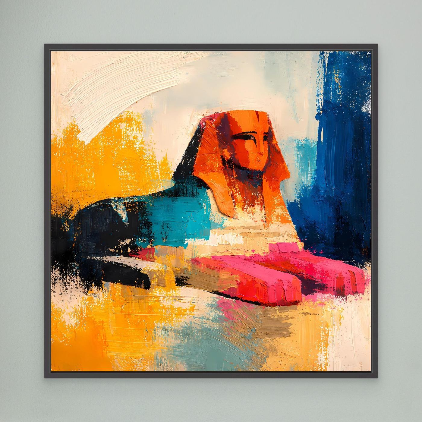 Abstract sphinx wall art with orange, teal, red, and blue strokes in a black frame