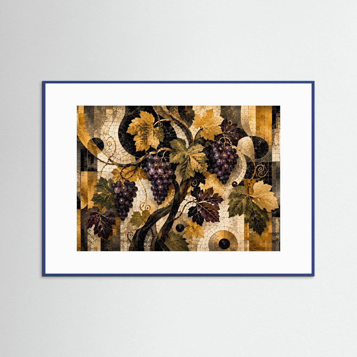 Querformat-Poster mit abstrakter Weinrebe und Trauben, Mosaik in Schwarz, Gold und Creme.