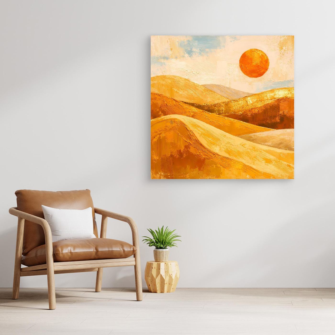 Abstraktes Wüstenlandschaft-Wandbild: goldene Dünen und rote Sonne auf Leinwand