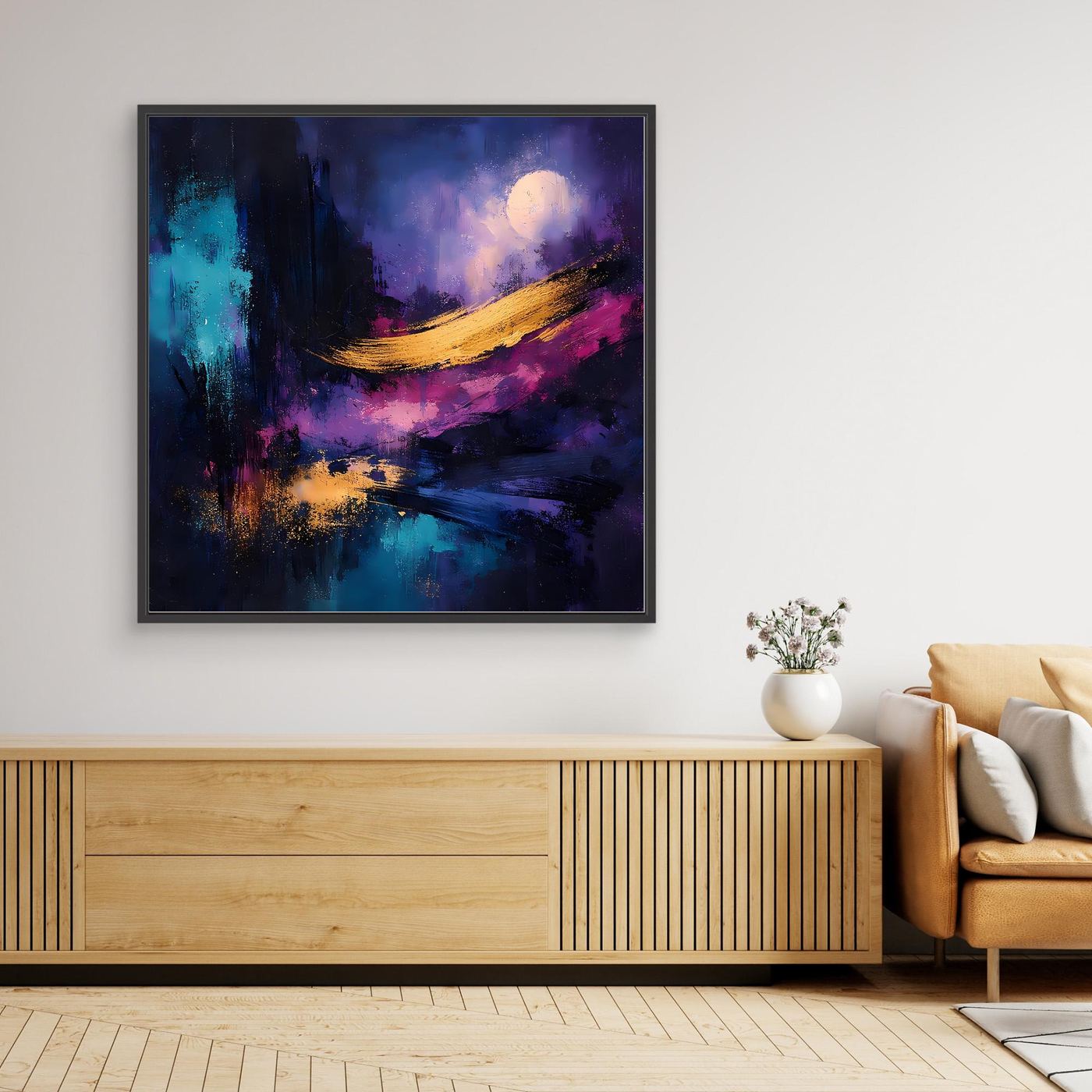 Quadratisches Leinwandbild mit dunklem Rahmen, abstrakte Bucht und Mond in Lila-Blau