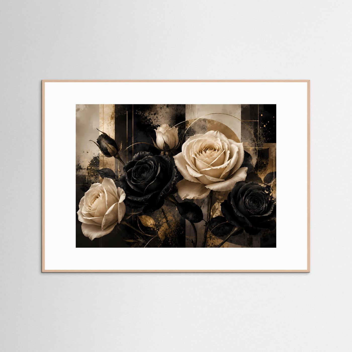 Blumenposter mit Rosenmotiv in Schwarz, Weiß und Gold, hellbrauner Bilderrahmen