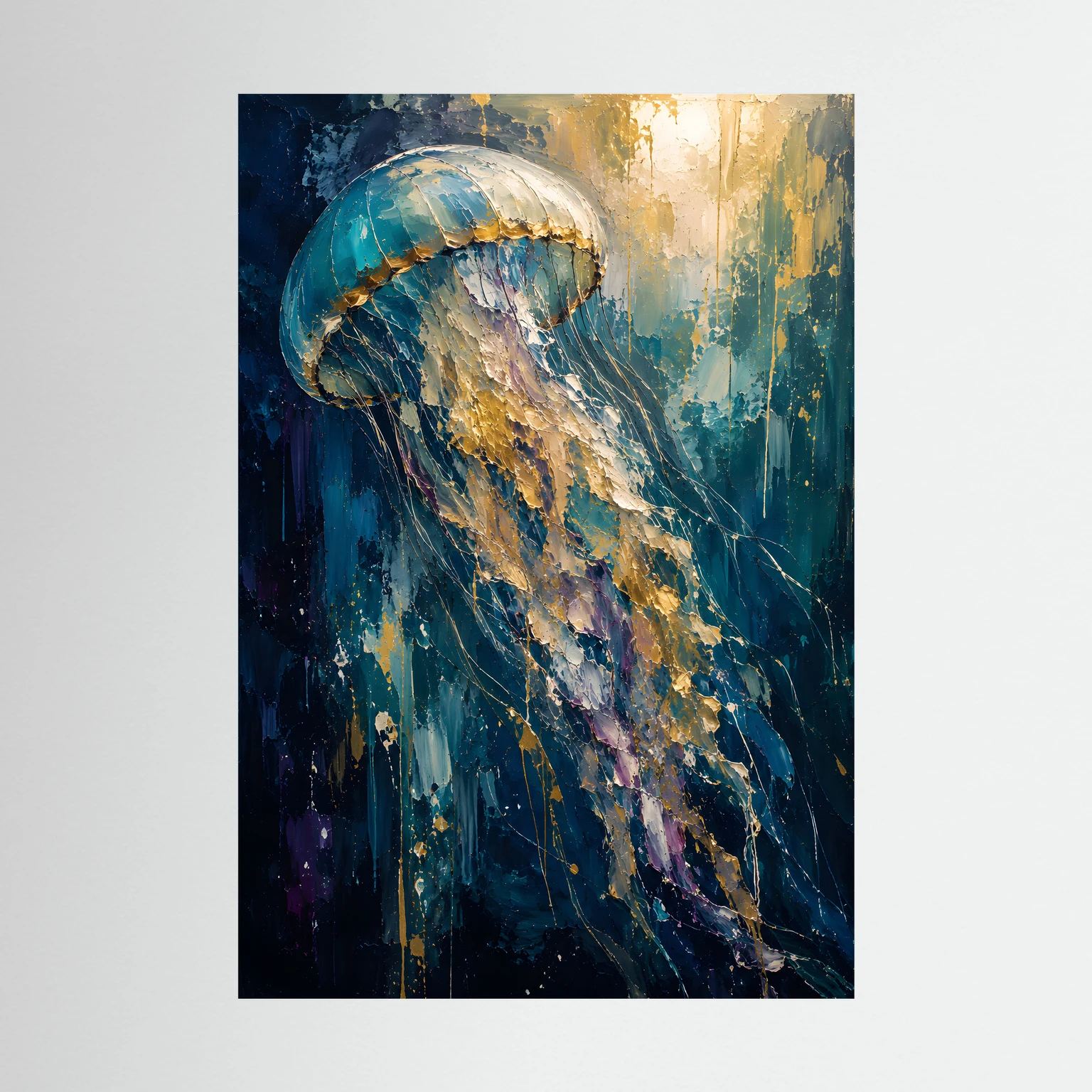Poster mit abstrakter Qualle in Blau und Gold, hochformatig