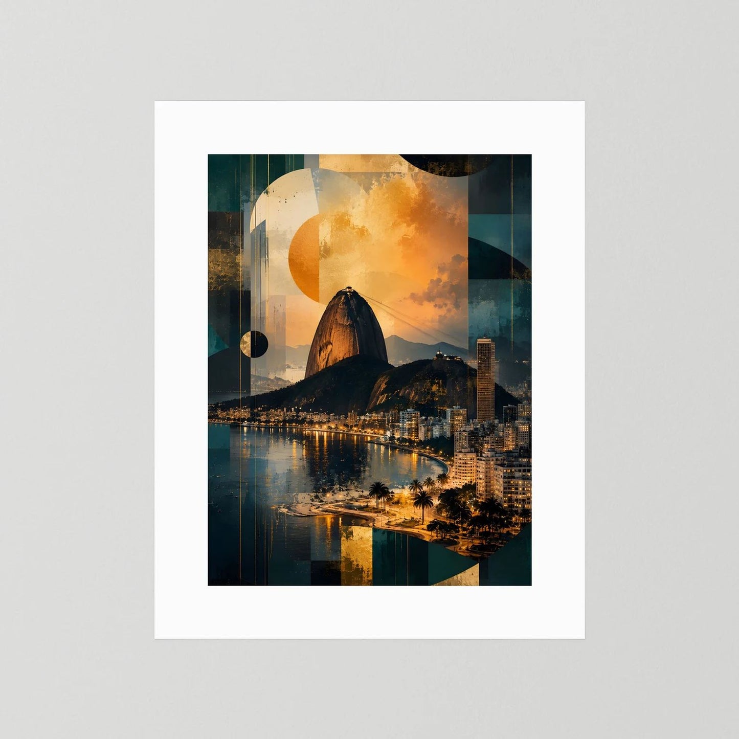 Quadratisch wirkendes Poster (Ausschnitt) mit Zuckerhut und Mond, abstrakte Skyline in Petrol/Gold.