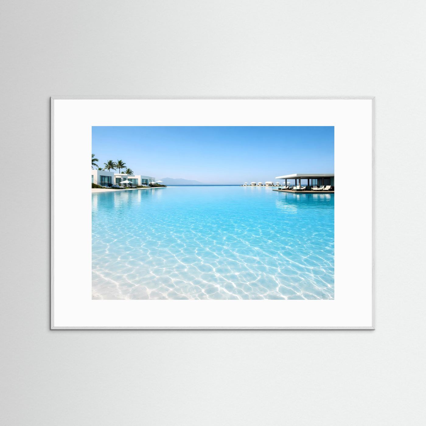 Panorama-Pool-Poster im silbergrauen Rahmen, türkisfarbenes Wasser mit Steg