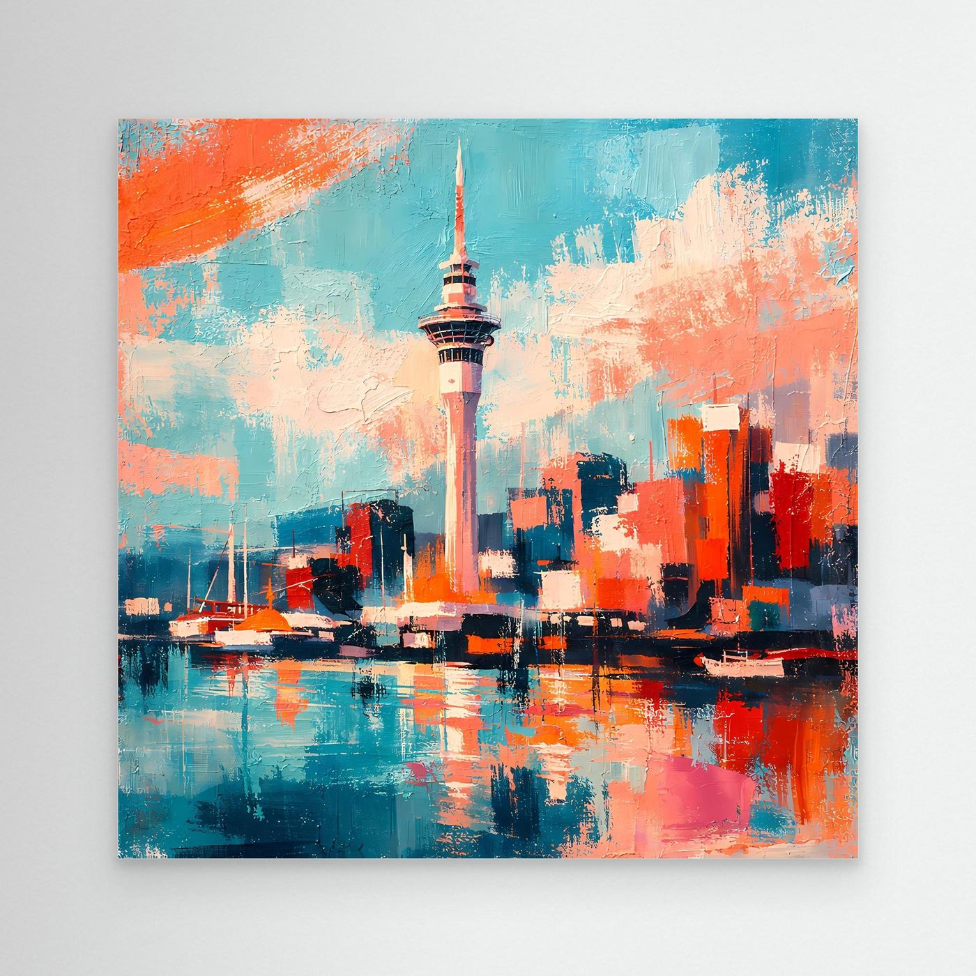 Abstraktes Leinwandbild mit Skyline und Turm, kräftige Blau-, Orange- und Rottöne