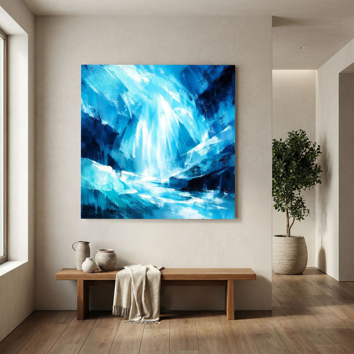 Leinwand-Wandbild mit blauem, abstraktem Wasserfall und hellem Lichtzentrum