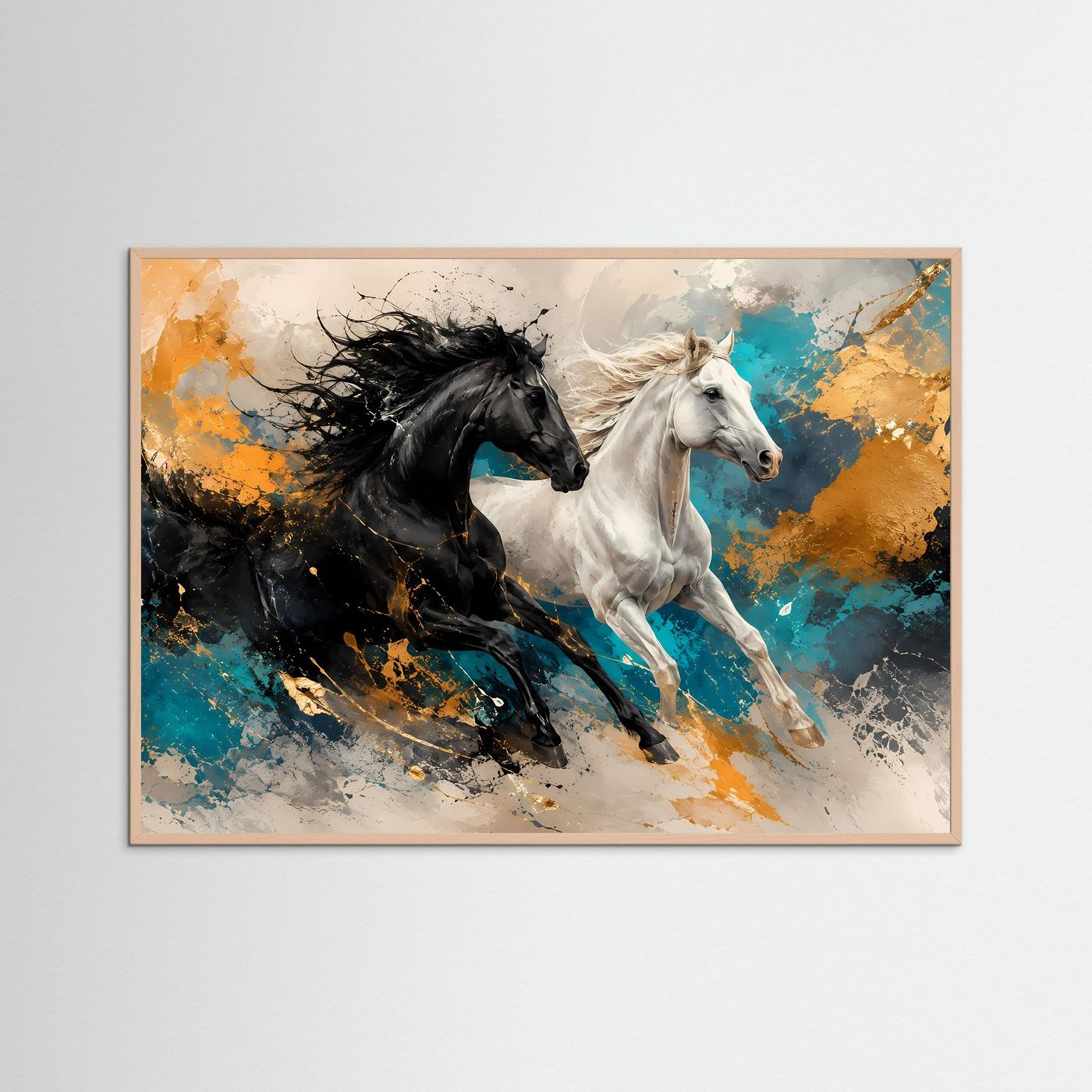 Dynamik in Perfektion | Abstraktes Pferde & Galopp Poster mit Gold- und Ozean-Akzenten