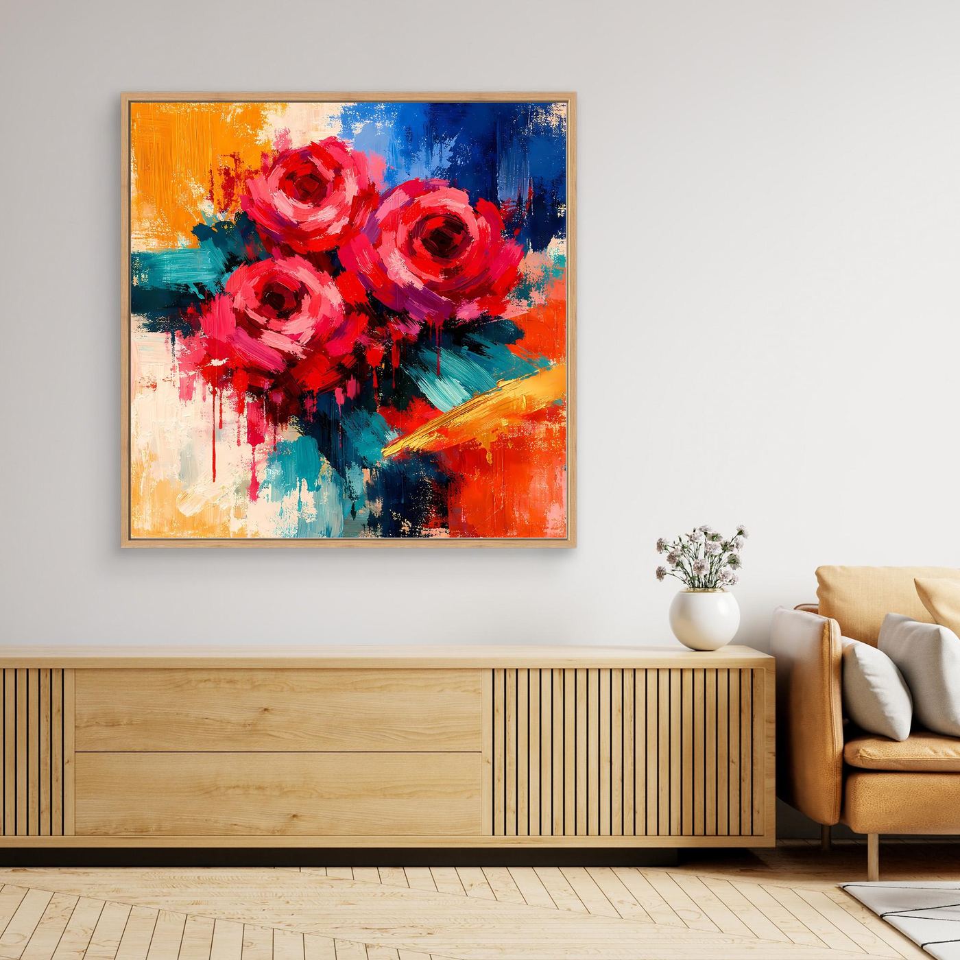 Quadratisches Leinwandbild mit abstrakten roten Rosen, orange-blaue Farbflächen, mit Rahmen