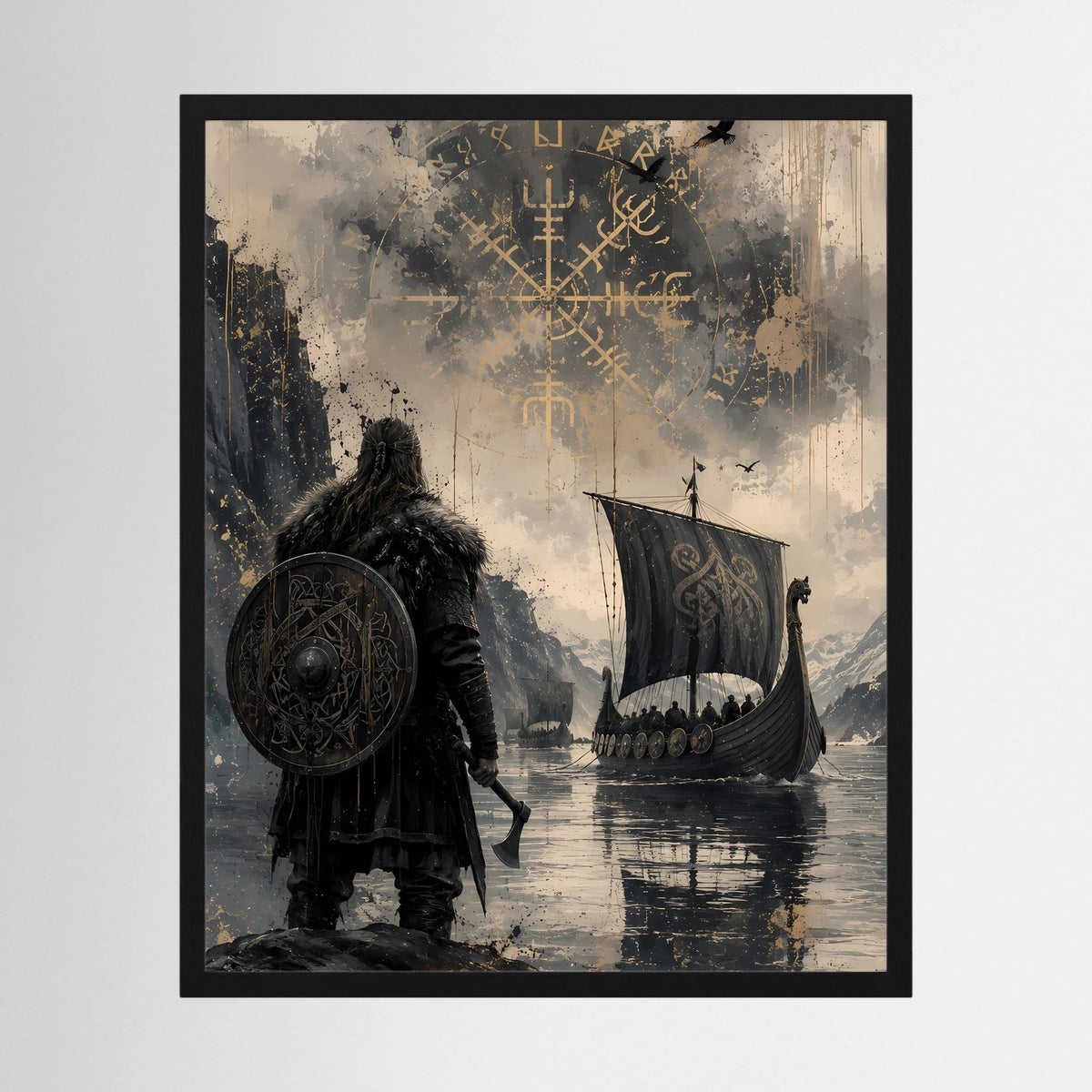 Gerahmtes Hochformat-Poster mit Wikingerkrieger, Langschiff und Runen über Wasser