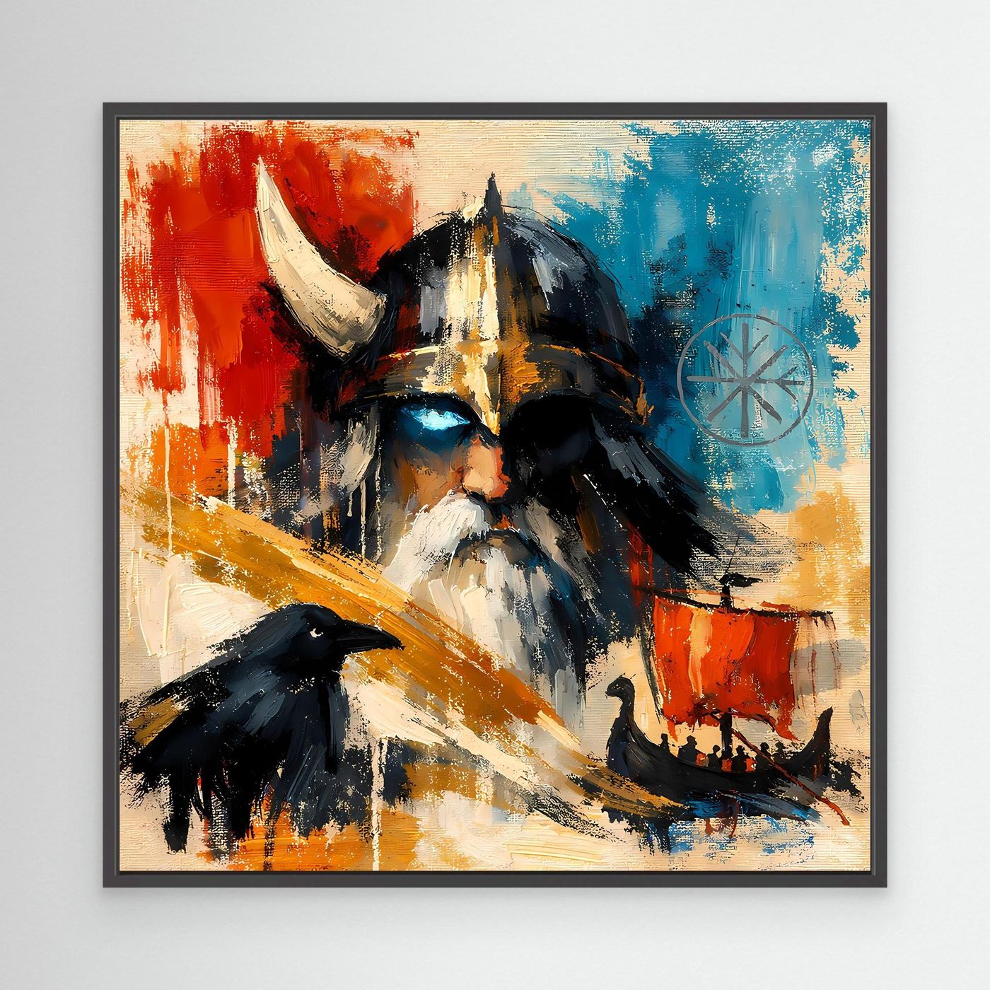 Black-framed Nordic wall art with a Viking warrior and raven, red and blue abstract paint.