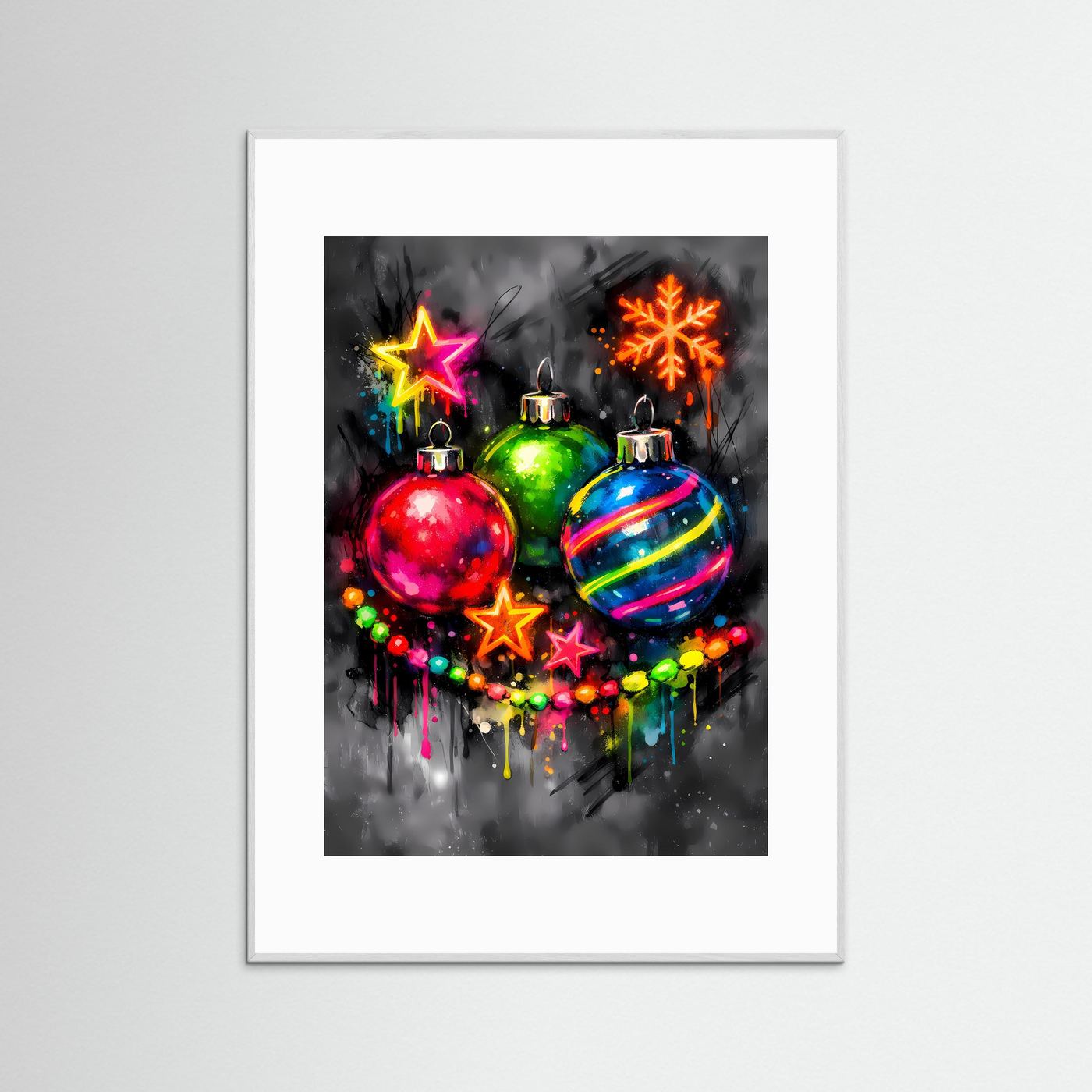 Die Magie des Festes | Neon Weihnachtskugeln Poster in bunten Farben | Abstraktes Kunstposter Hochformat