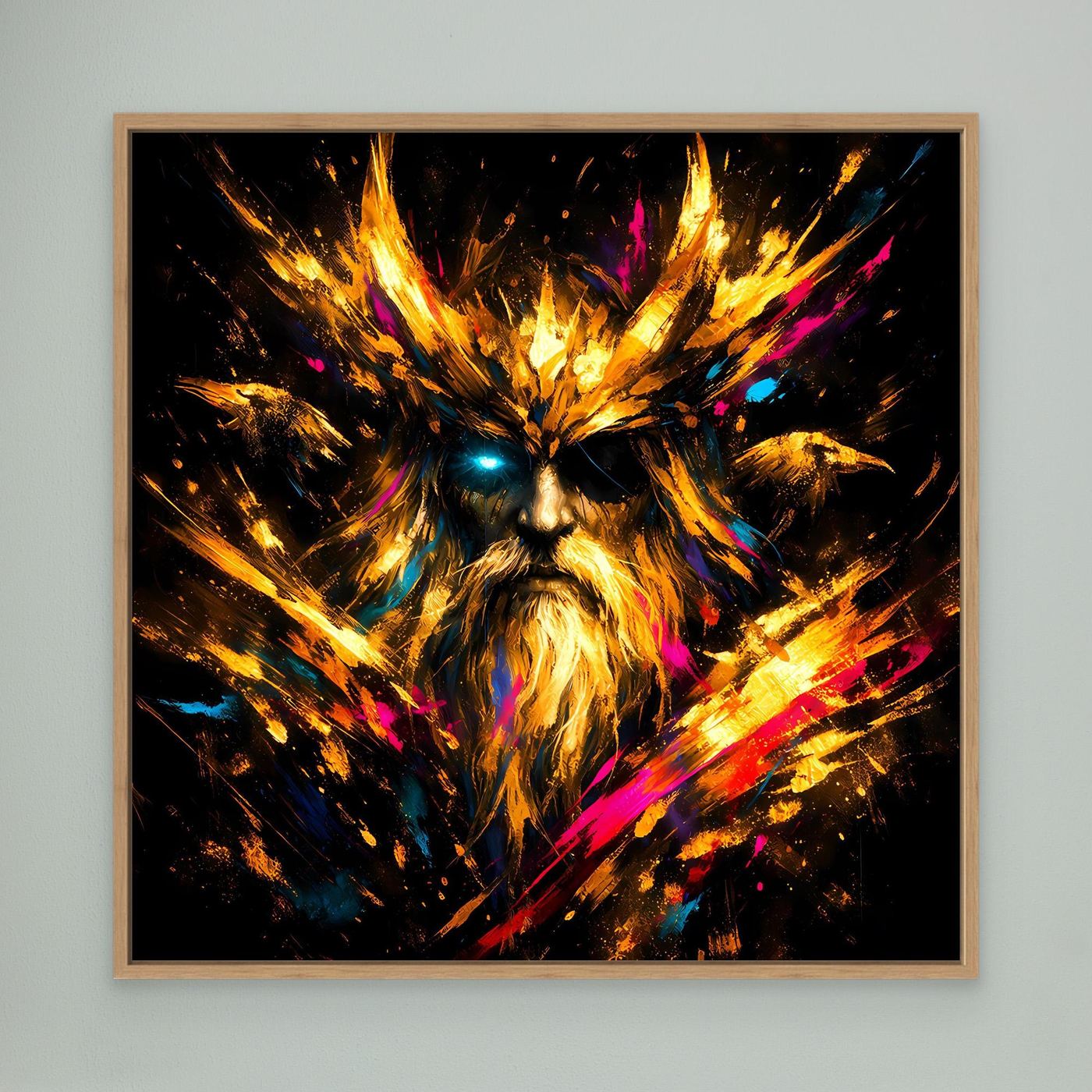 Leinwand Goldener Odin der Allvater mit Raben | Modernes Nordisches Mythologie Wandbild