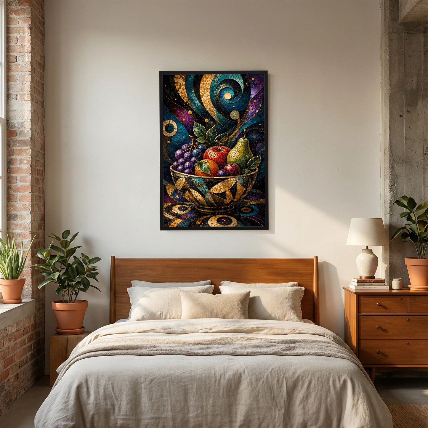 Gerahmtes Poster im Hochformat mit buntem Mosaik-Obst und goldenen Ornamenten
