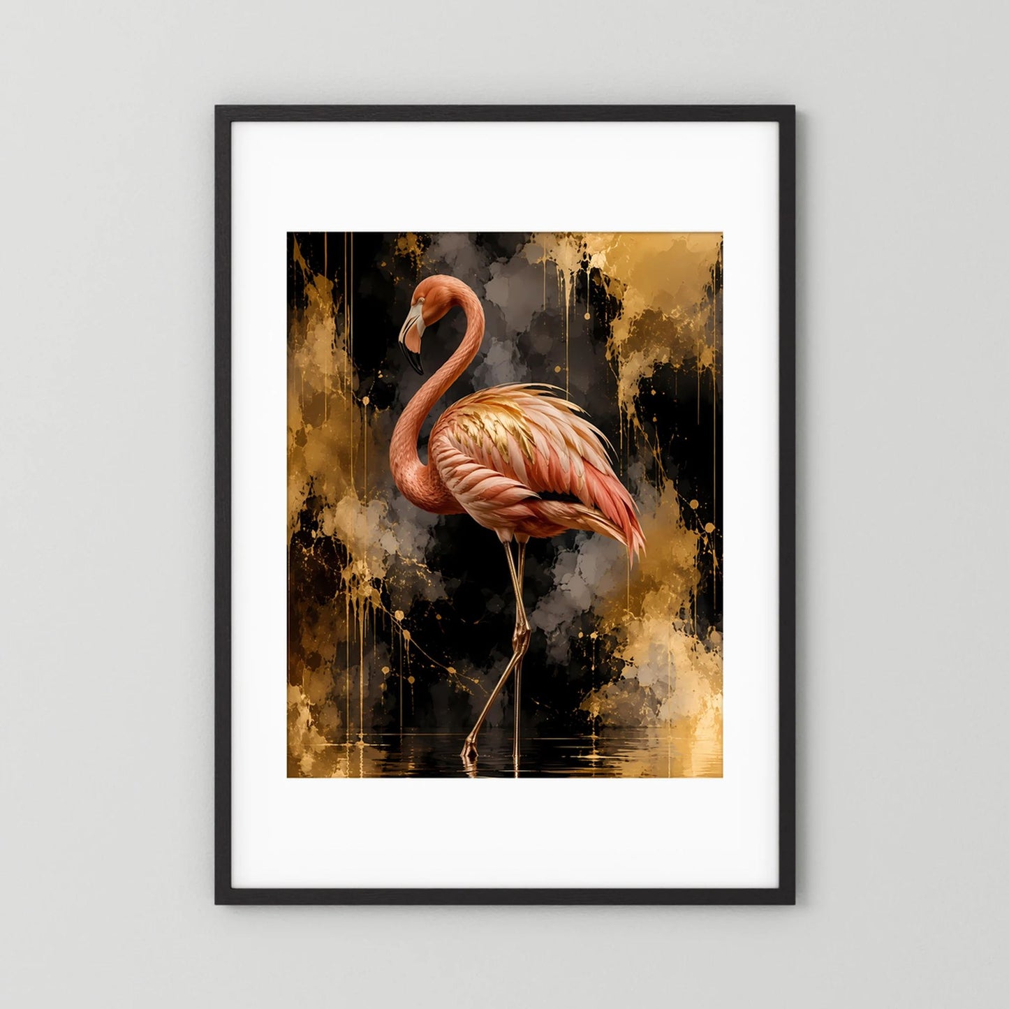 Flamingo-Poster mit schwarzem Rahmen und weißer Einfassung, gold-schwarz abstrakt
