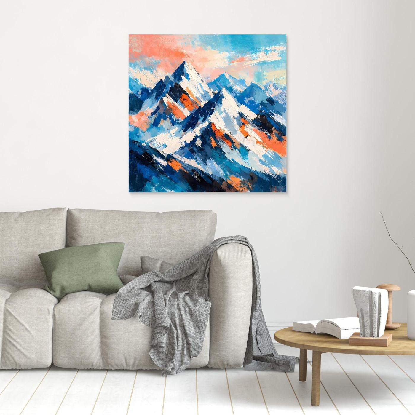 Kleines gerahmtes Leinwand-Wandbild mit Schneeberg-Abstraktion in Blau, Weiß und Orange