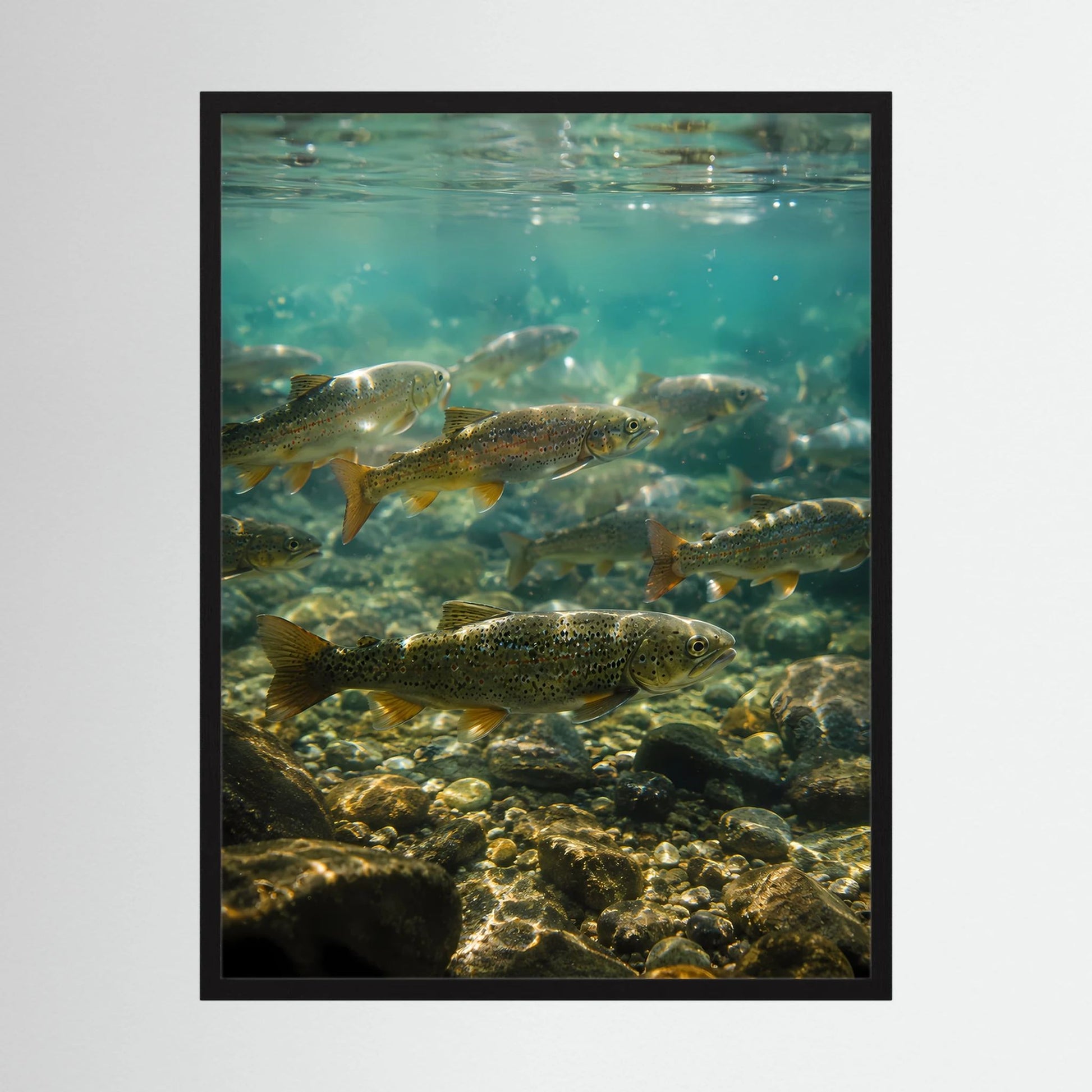 Unterwasser-Poster im Hochformat mit Forellen und Flusssteinen im klaren Bach