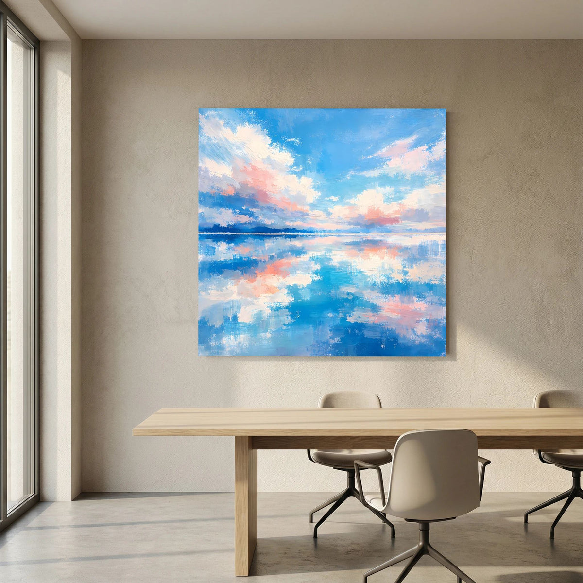 Quadratisches Wandbild auf Keilrahmen mit abstrakter Meereslandschaft, blauem Himmel und Wolken