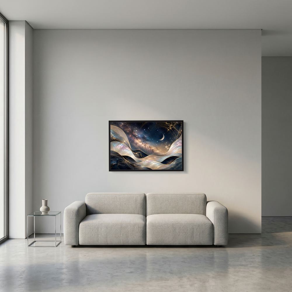 Kleines gerahmtes Poster: Galaxie mit Mond und goldenen Wellen in dunkler Farbgebung