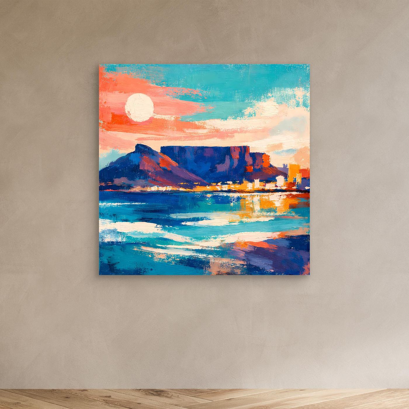 Abstraktes Leinwandbild mit Sonne am Horizont, Bergsilhouette, Meer und Skyline