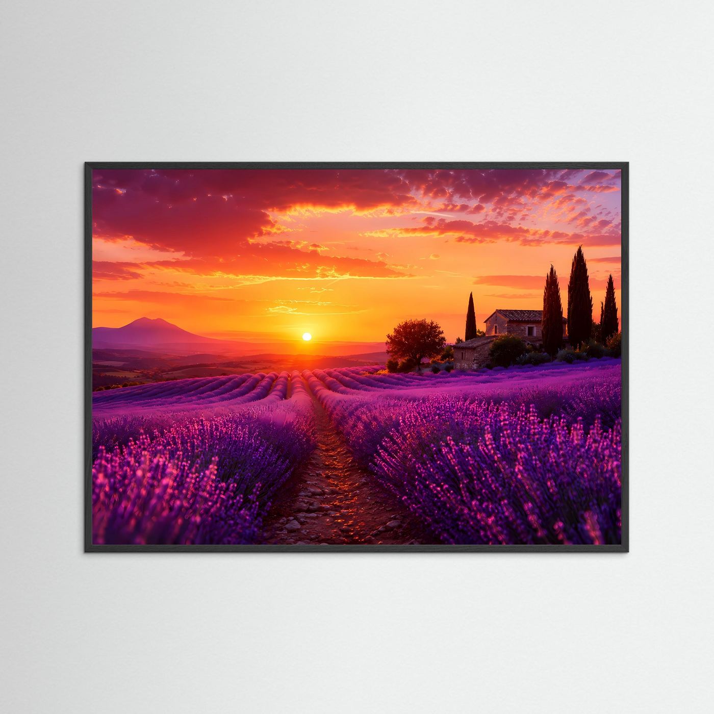 Lavendelfeld bei Sonnenuntergang Poster Querformat | Provence Landschaft in Lila & Orange | Mediterranes Natur Wandbild mit Lavendel