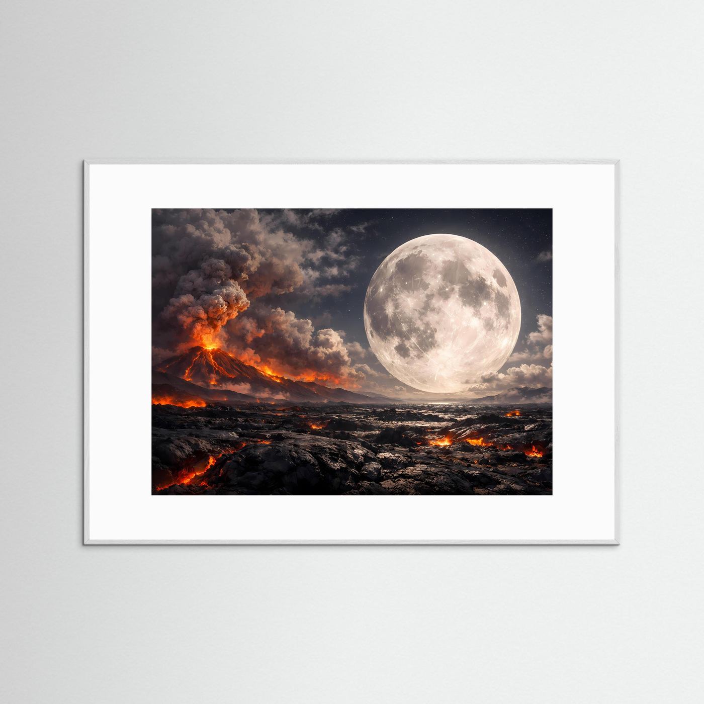 Hellgrau gerahmtes Natur-Fantasy-Poster: Vulkanausbruch, Lavafeuer und riesiger Vollmond