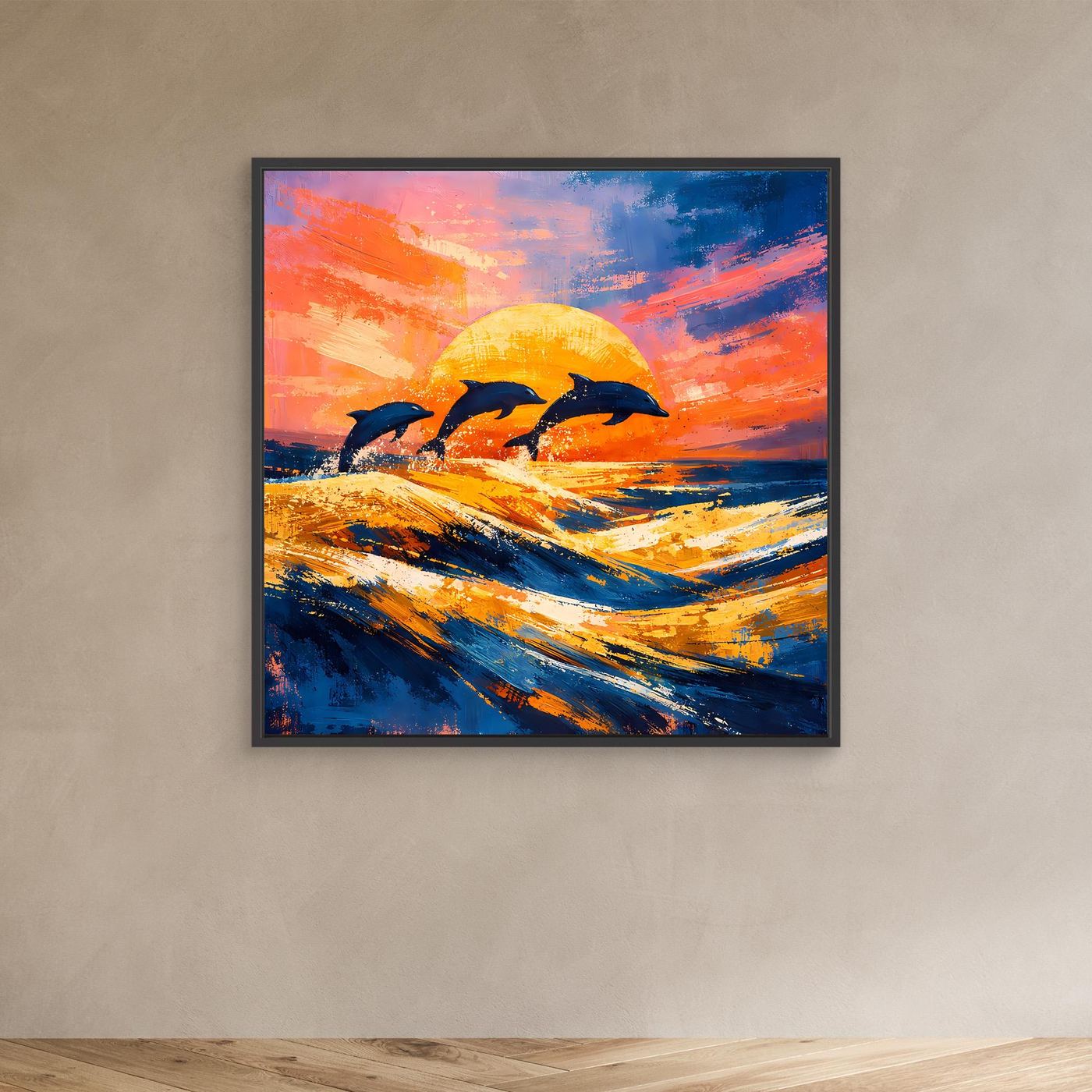 Leinwand Springende Delphine im Sonnenuntergang | Abstraktes Ozean & Meer Wandbild