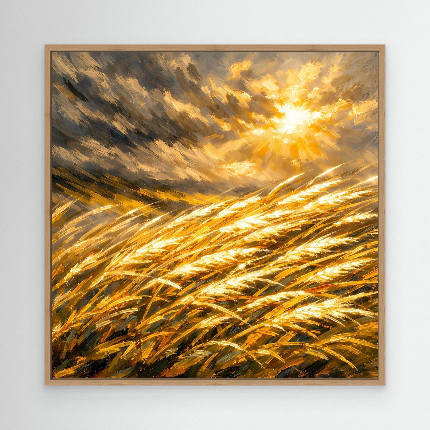 Leinwandbild mit goldenem Weizenfeld und Sonnenstrahlen, Eichenrahmen