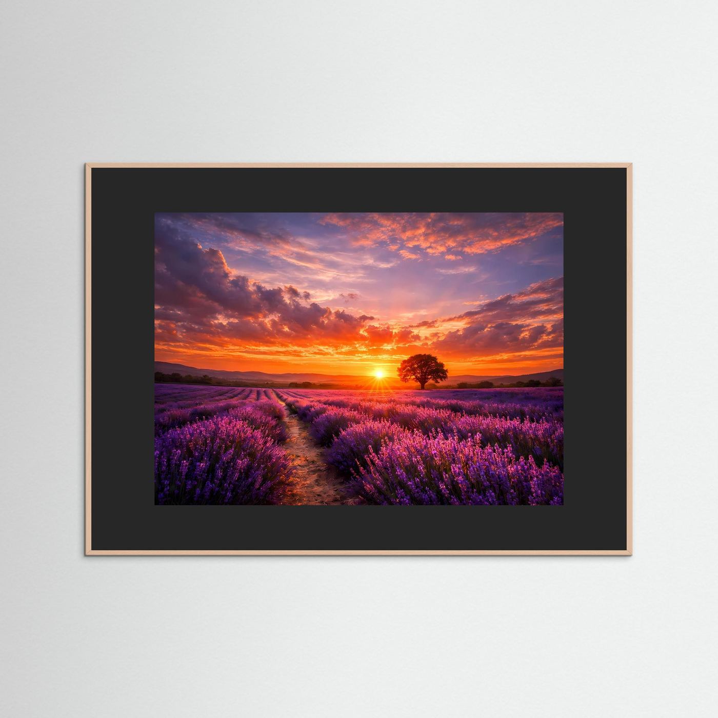 Wandbild Lavendelfeld bei Sonnenuntergang, brauner Holzrahmen, schwarzes Passepartout