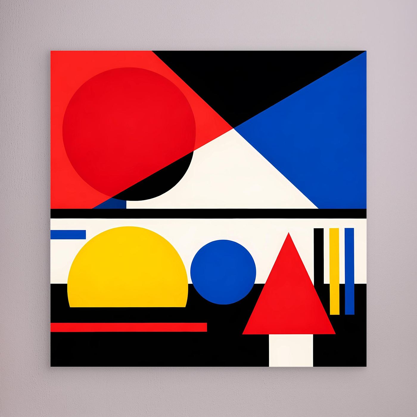 Leinwandbild geometrische Abstraktion mit roten, blauen und gelben Formen, silberner Rahmen