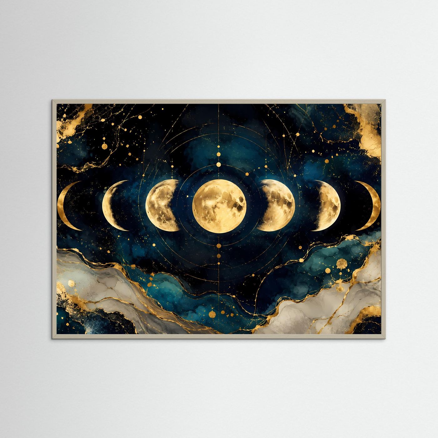 Mondphasen im Kosmos mit Gold | Spirituelles Universum & Astrologie Poster im Querformat