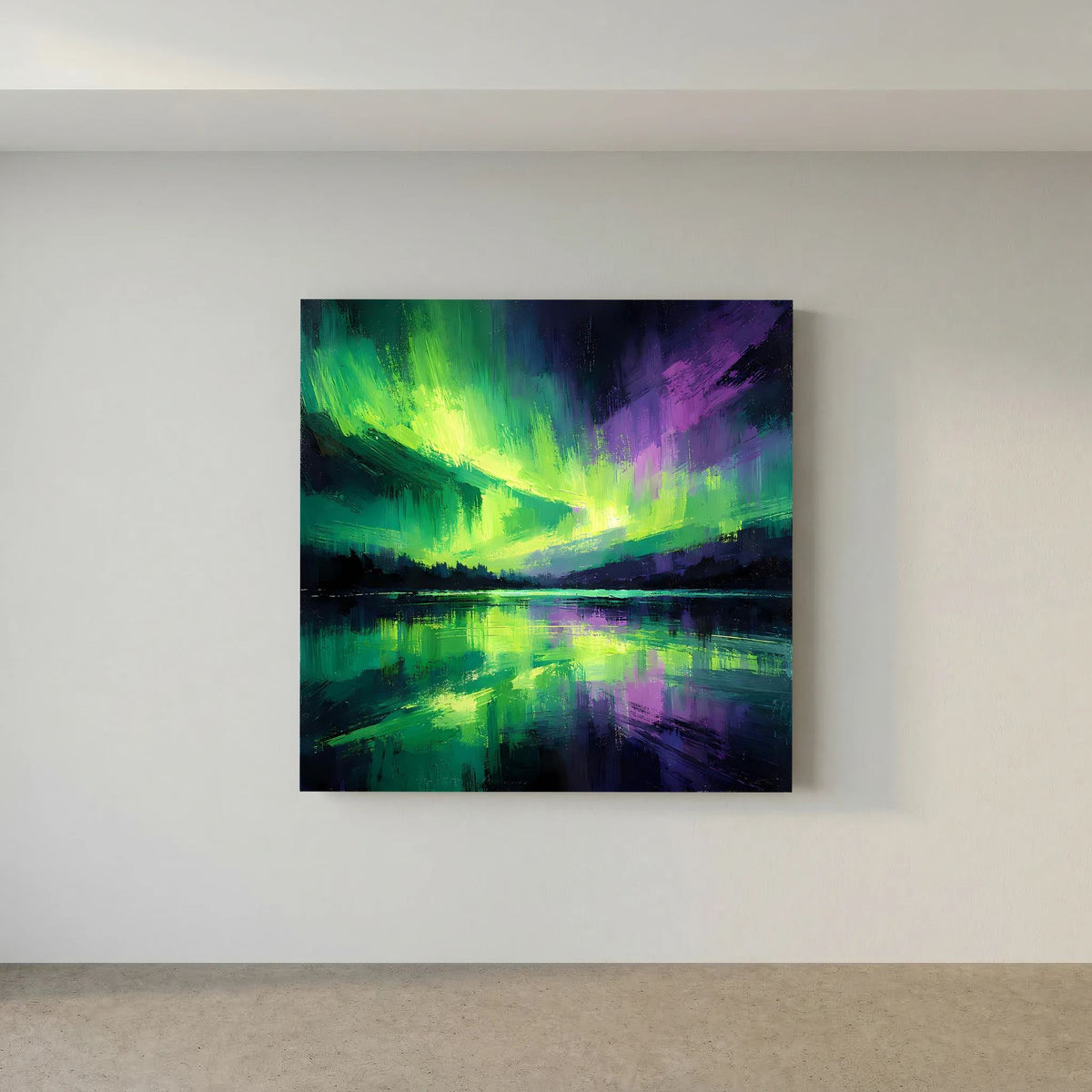 Quadratisches Leinwandbild: abstrakte Nordlichter über dunklem See, grün-lila Farbverlauf