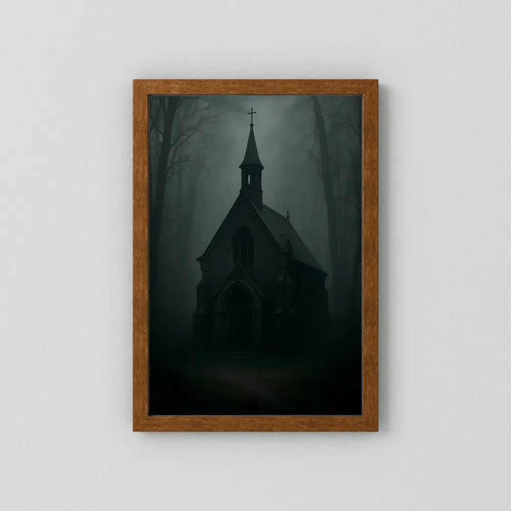 Gerahmtes Poster mit dunkler gotischer Kapelle im Nebel, Holzrahmen braun