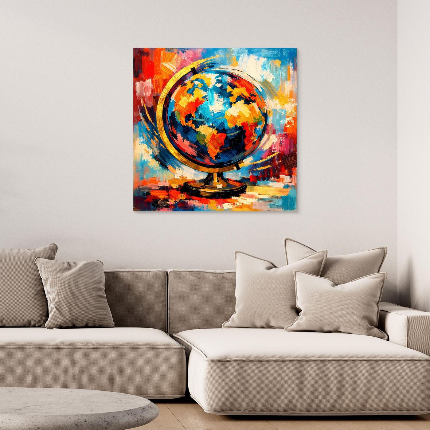 Abstraktes Leinwandbild mit Globus und Weltkarte, bunte Pop-Art, ohne Rahmen