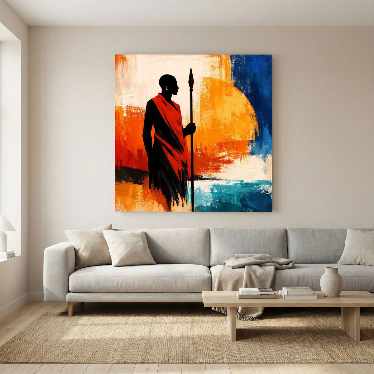 Wandbild: Kriegerfigur steht im Profil, rotes Tuch, Speer, orange-blauer abstrakter Hintergrund