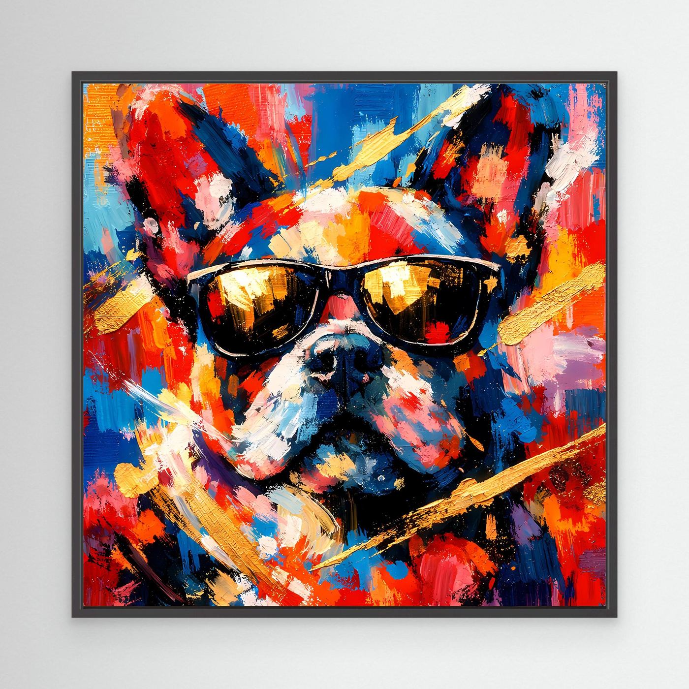 Abstraktes Leinwandbild mit schwarzem Rahmen: Französische Bulldogge mit Sonnenbrille