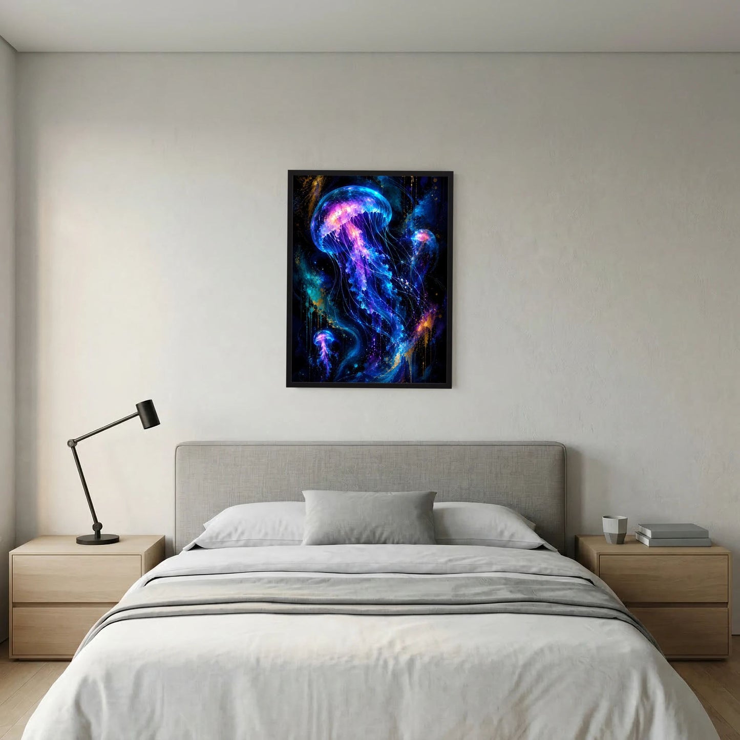 Wandposter: leuchtende Quallen in Neonblau und Violett im schwarzen Rahmen