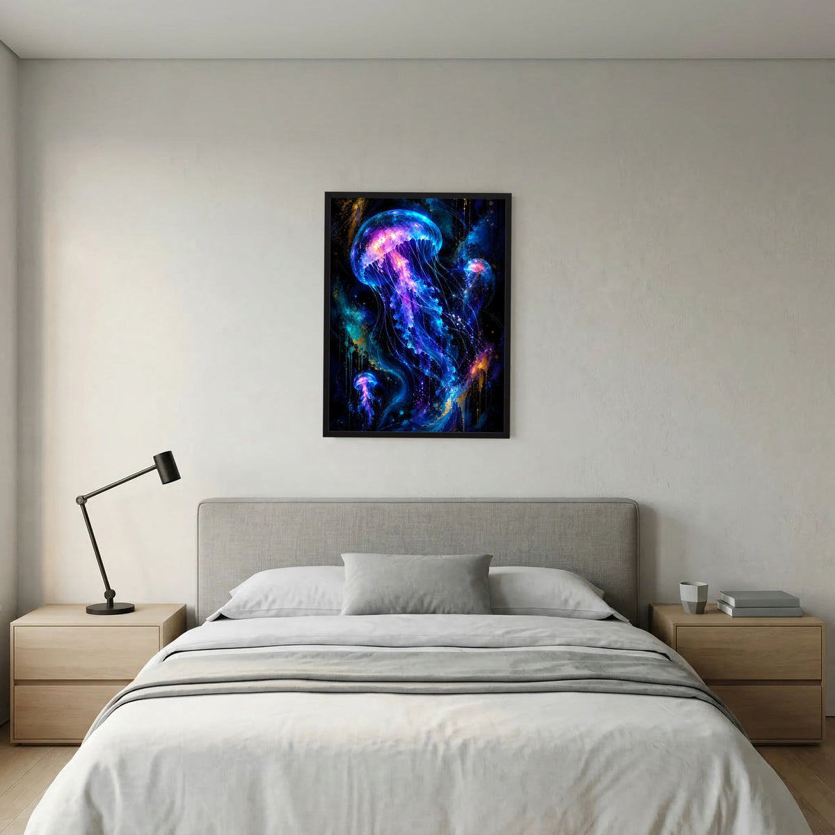 Wandposter: leuchtende Quallen in Neonblau und Violett im schwarzen Rahmen
