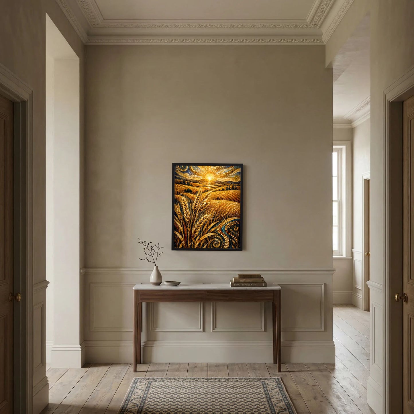 Schwarz gerahmtes Poster mit goldenen Weizenähren im Mosaikstil und spiralförmigen Mustern