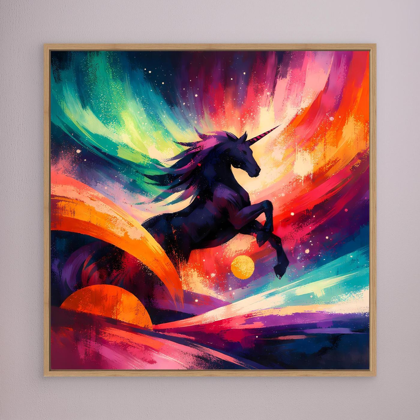 Leinwandbild im Holzrahmen mit dunklem Einhorn, violettem Schweif und Regenbogenbögen