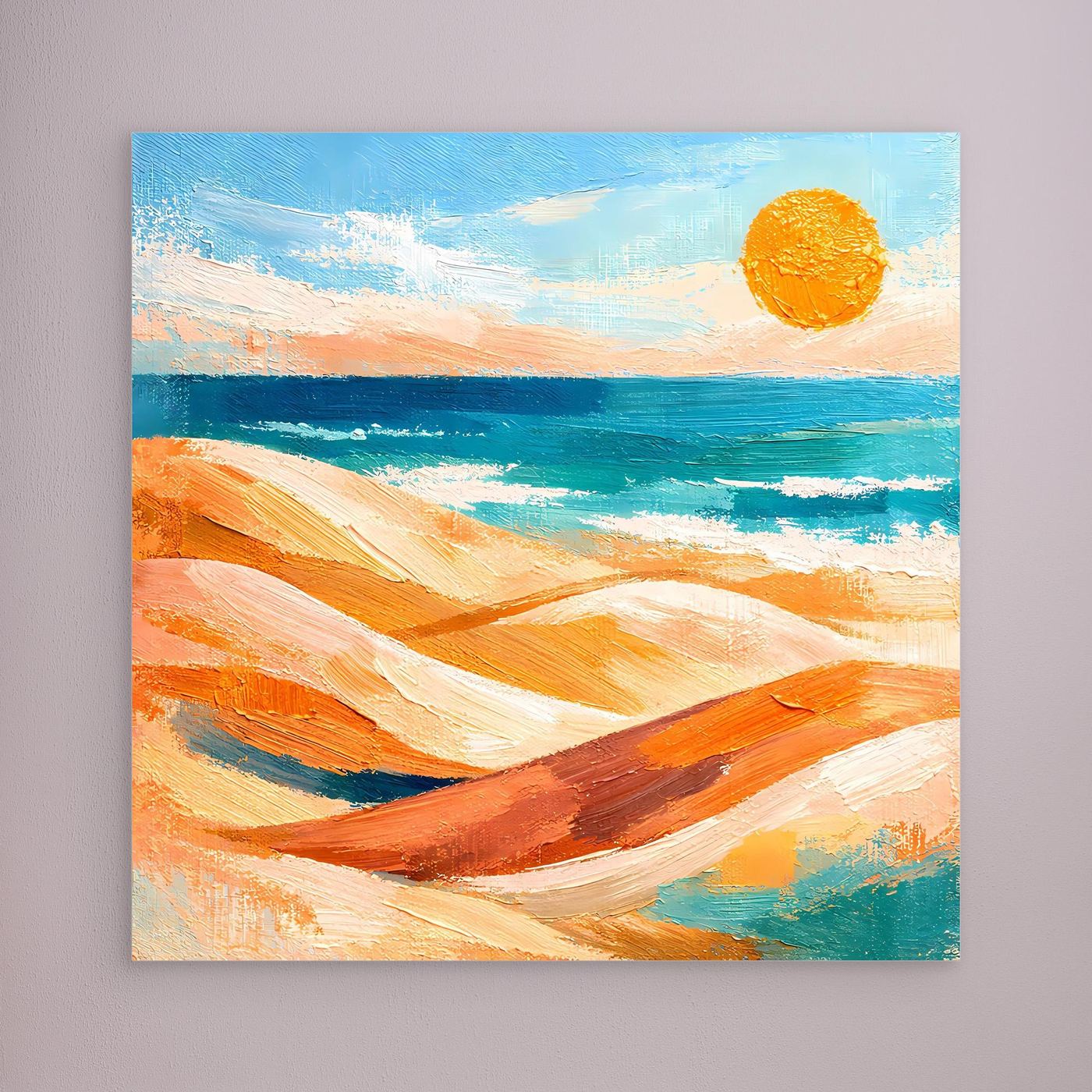 Leinwand-Wandbild mit Meerblick aus abstrakten Pinselstrichen, gelbe Sonne, ohne sichtbaren Rahmen