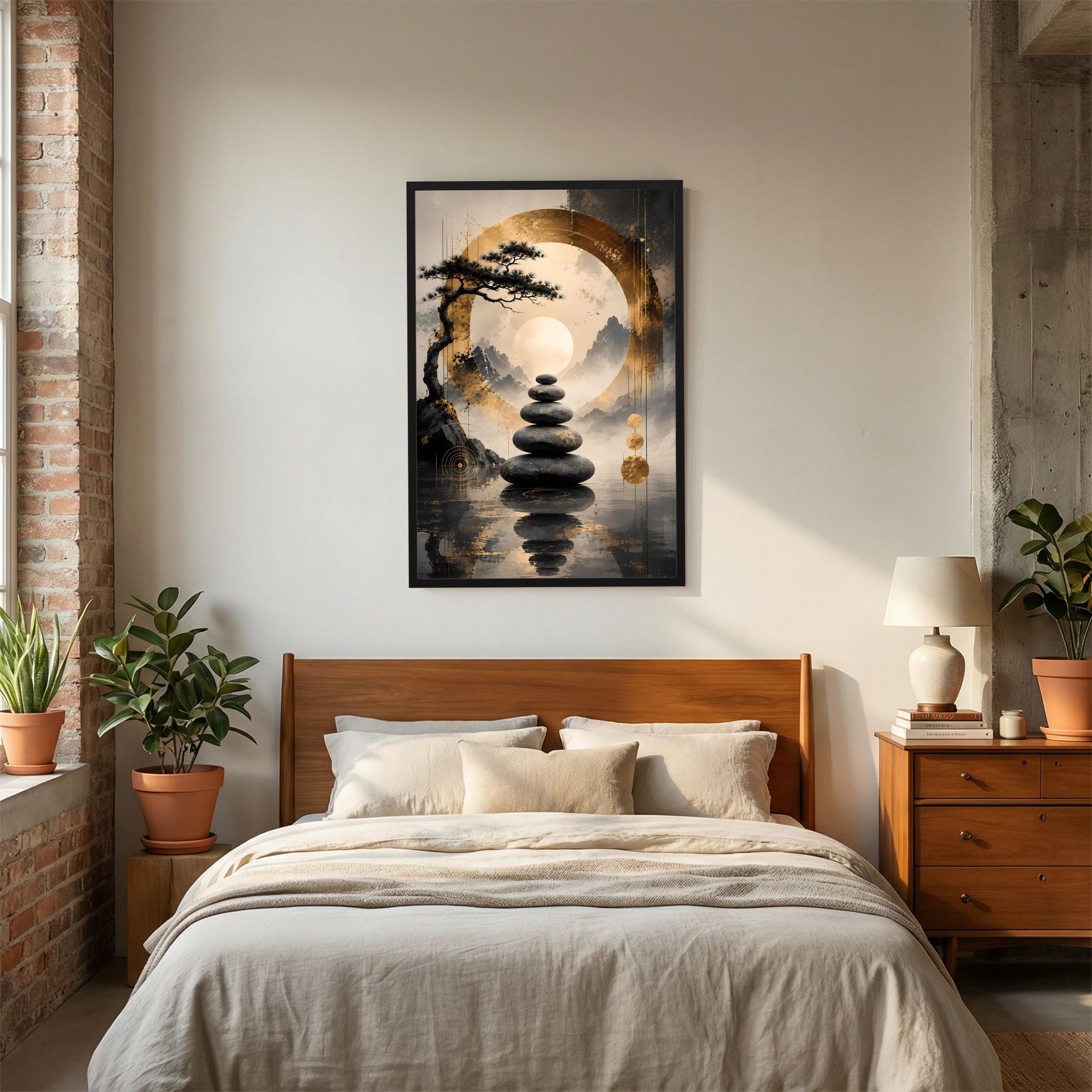Poster im Hochformat mit Bonsai und Steinstapel, goldfarbene Mondgrafik, schwarzer Rahmen