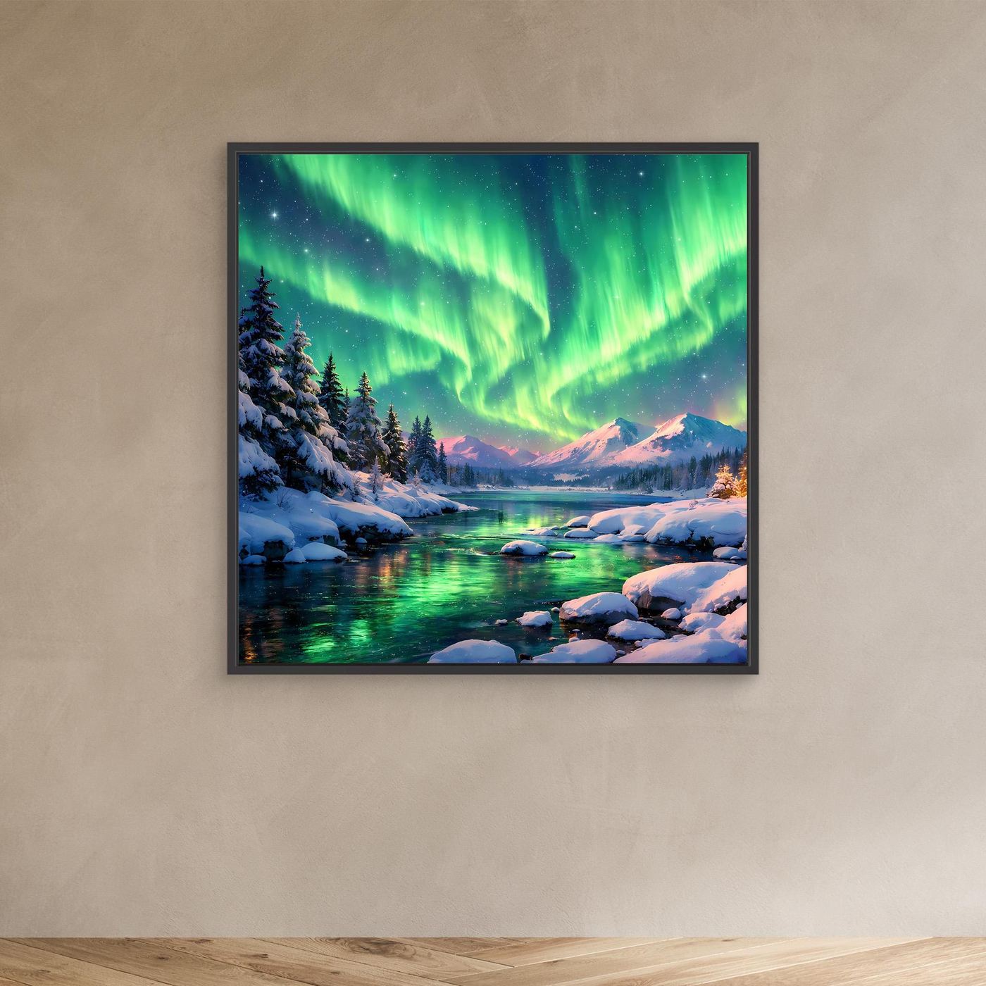 Leinwandbild Magische Polarlichter | Winterliche Polarlicht-Nacht Wandbild auf echtem Holzkeilrahmen