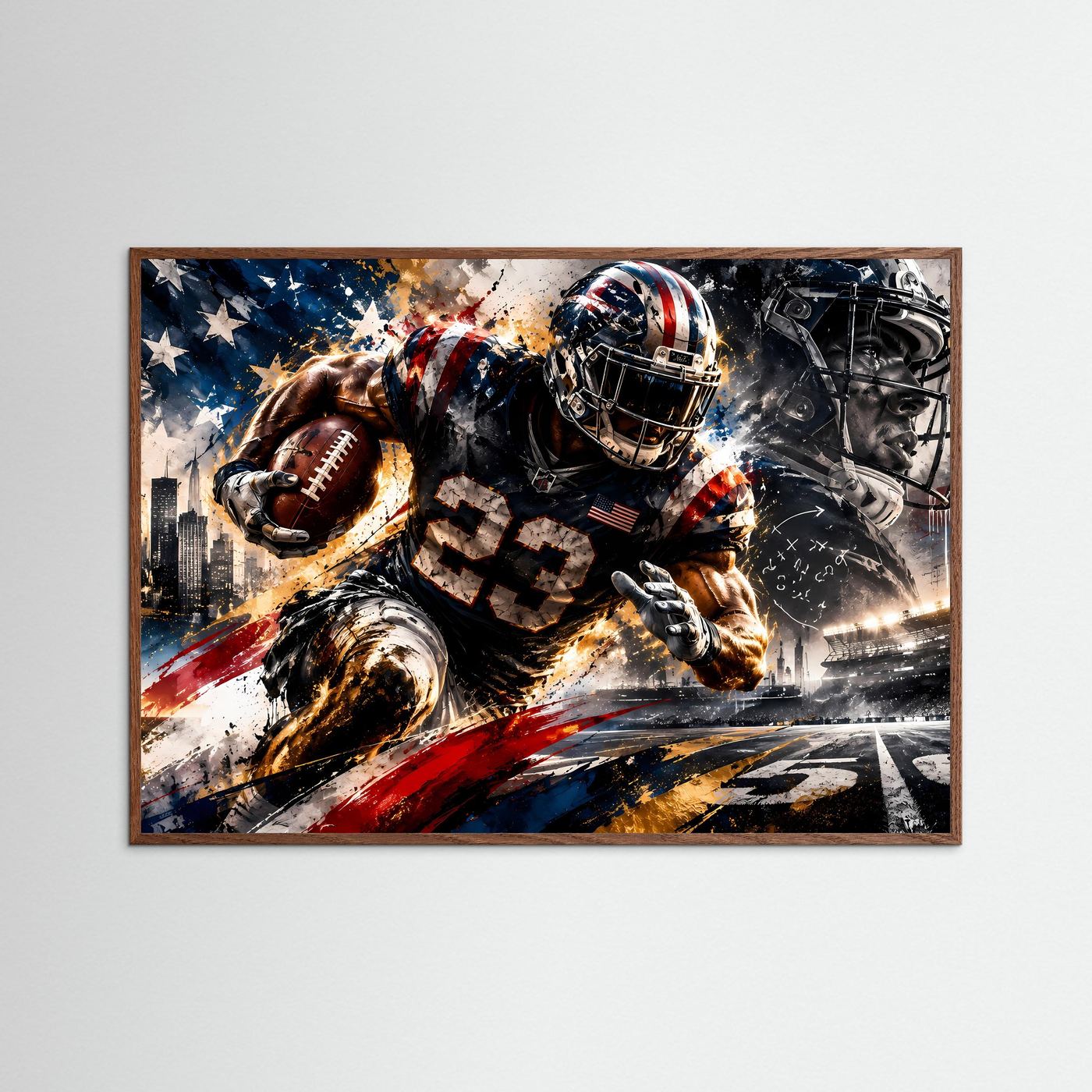 Gerahmtes Sportposter im Querformat mit American-Football-Spielern, Helm und Ball
