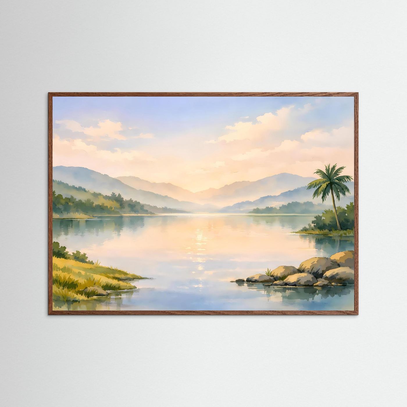 Natur-Poster mit dunkelbraunem Rahmen, aquarellierte Tropenlandschaft am See